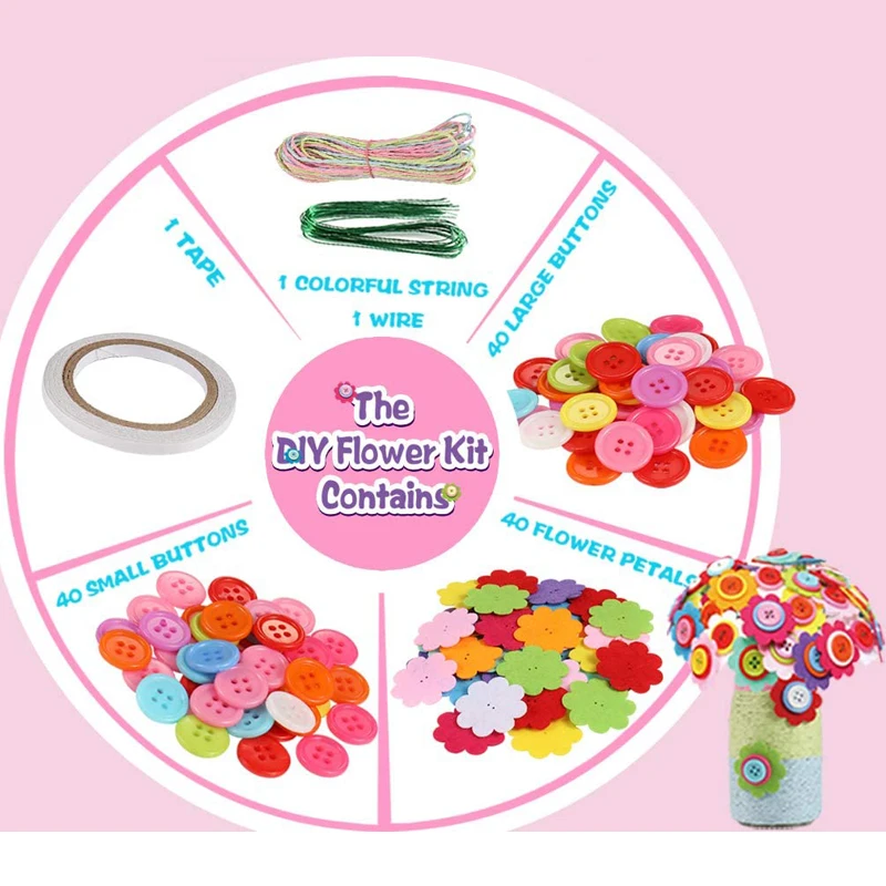 Bouquet de boutons de bricolage fait à la main pour enfants, kit d'artisanat de fleurs, jouets créatifs, faites votre propre bouquet, projet d'art, cadeau d'activité, décor de chambre