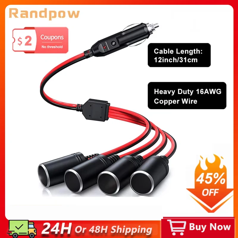 Randpow 1 to 4 Car Cigarette Lighter Adapter with 15A Fuse Glass Safety Tube Power Charger Port Plug Socket 2-Way Splitter