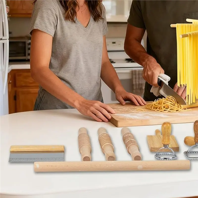 J1UL1N Tool Wooden Pasta Making Kit Including Threaded Rolling Pins, Long Rolling Pin& Rotatable Drying Rack