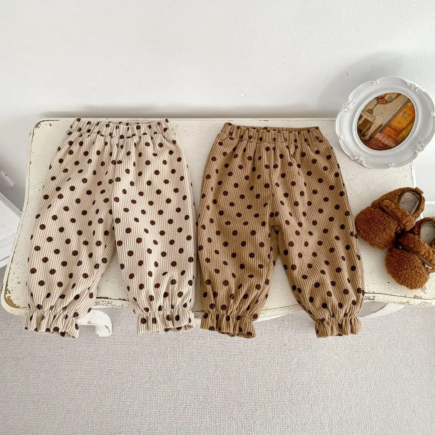 

Autumn Winter Children Plus Velvet Corduroy Thicken Pants Girl Baby Fleece Dots Warm Casual Pants Retro Boy Baby Cotton Trousers