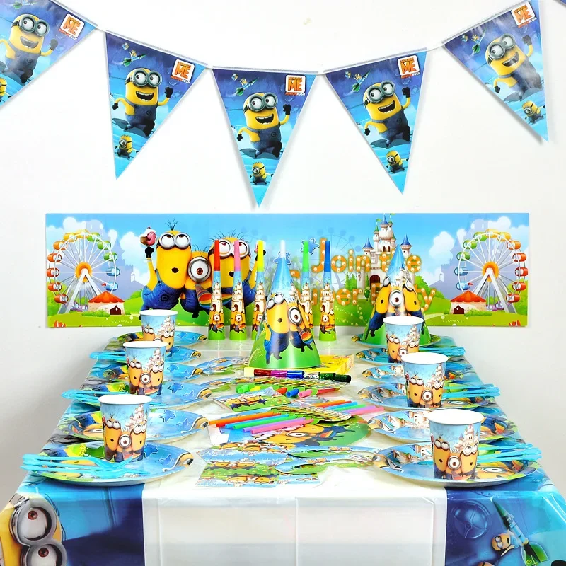 Cartoon Little Yellow Man Theme Birthday Party Supply Cups Plates Straws Disposable Tableware Kid Shower Party Decoration