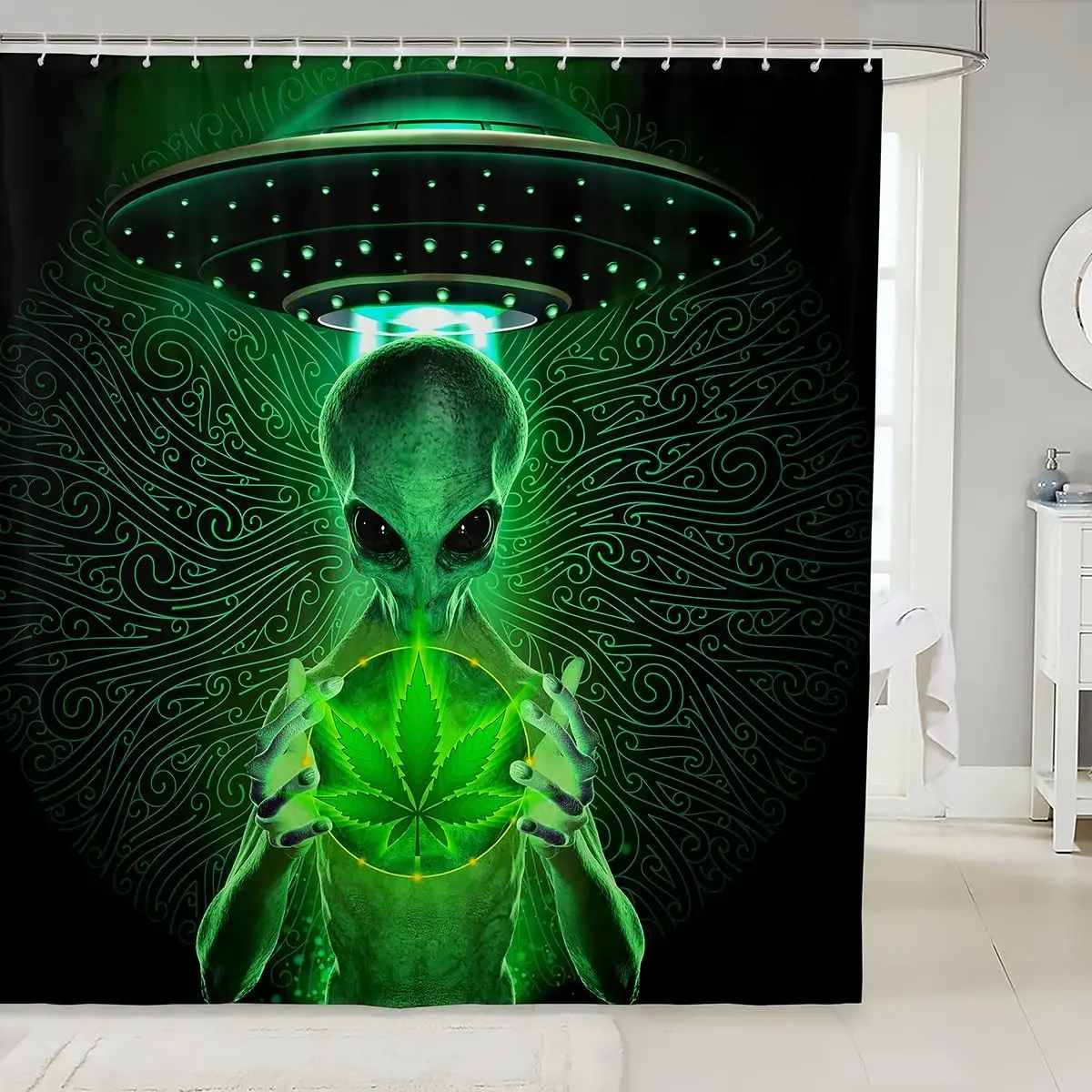 

Trippy Alien Shower Curtain,Marijuana Bath Curtains Modern Psychedelic UFO Bathroom Curtain Abstract Geometric Bathroom Decor