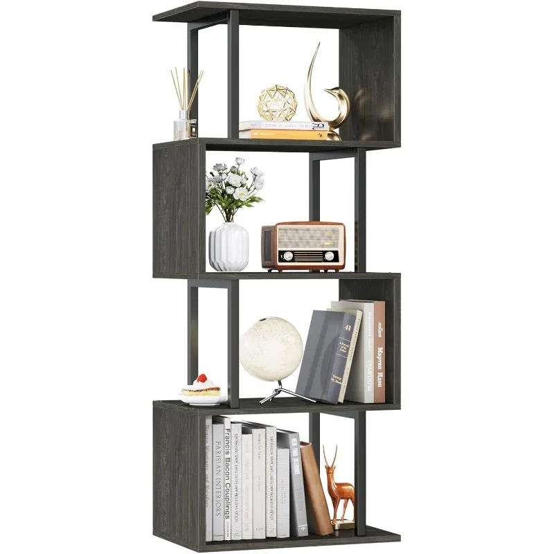 

Geometric Bookshelf 5 Tier Bookcase, Industrial S-Shaped Display Storage Shelf for Small Space, Tall Metal Wood Decorative