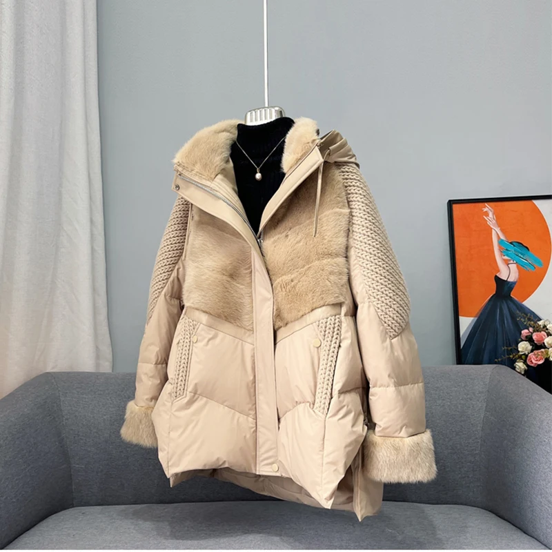 2023 Fashion Autumn Winter Real Mink Fur Collar Coat Women Natural Goose Feather Jacket Luxury Down Fur Hooded Female Coat