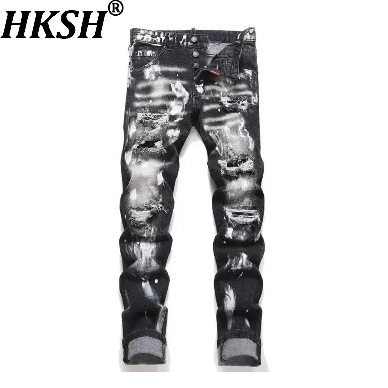 

HKSH Spring Autumn New Men Trendy Ink Splash Painted Distressed Jeans Dark Ins Techwear Ripped Hole Slim Fit Denim Pants HK16293