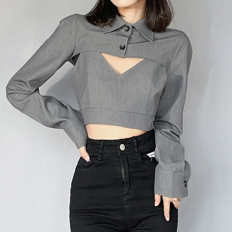 

2 Pieces Camis And Crop Top Lapel ButtonsTee Streetwear Sexy Korean Fashion Y2K Long Sleeve T Shirt Women Clothes Suit