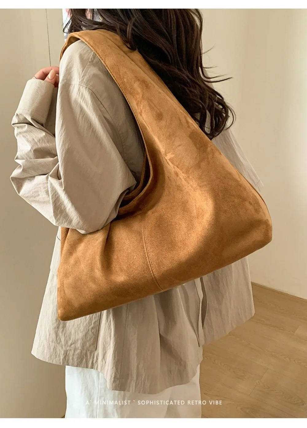 Lässige Retro-Damen-Schultertasche aus Wildleder mit großem Fassungsvermögen, einfarbige Shopper-Tasche – Detail 8