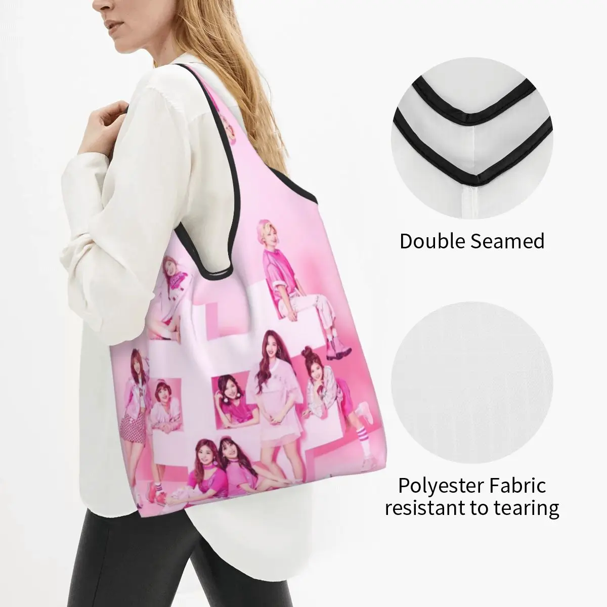 Custom Beauty Kpop Twices Grocery Shopping Bag Kawaii Shopper Tote Shoulder Bag Large Capacity Portable Lovely Handbag