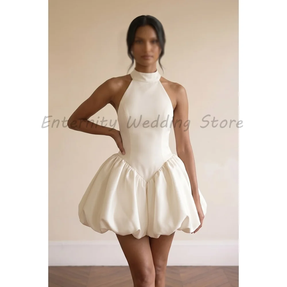 White Halter Neck Mini Wedding Dress Satin Puffy Bubble Skirt Short Bridal Reception Gown