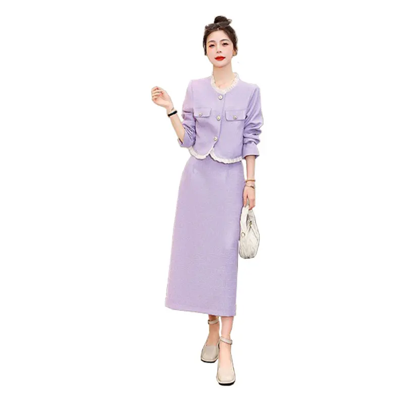 

Women's tweed 2-pcs set long sleeved round neck mushroom edge jacket+skirt 2024 new spring/autumn small fragrance style set