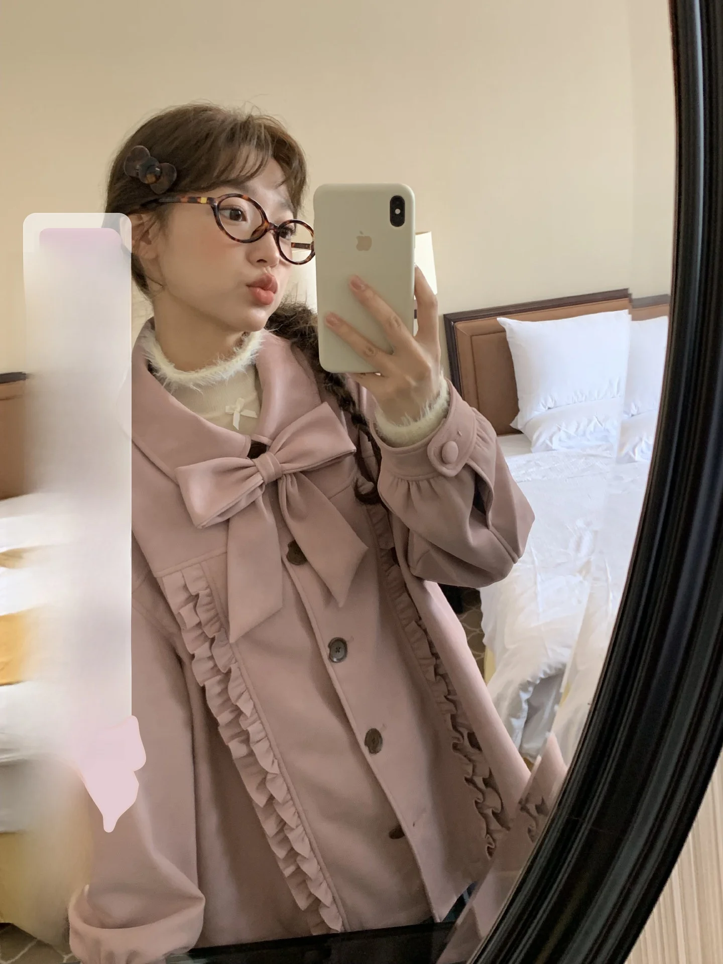 

Chiffon Girl Mist Poer Knot PU Leather Jaet Women's Long Sve Collar Zipper Closure Loose Fit Outerwear