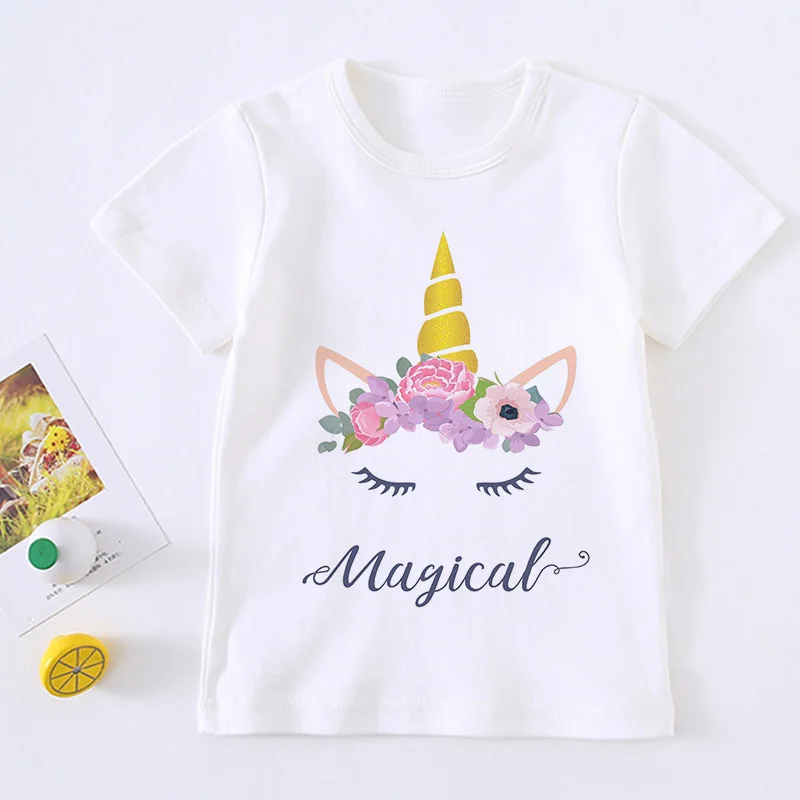 

New Cute Unicorn Girl Magical T Shirt Rainbow Horse Cartoon Kids Gift T Shirt Harajuku Korean Design Round Neck Baby Boy T Shirt