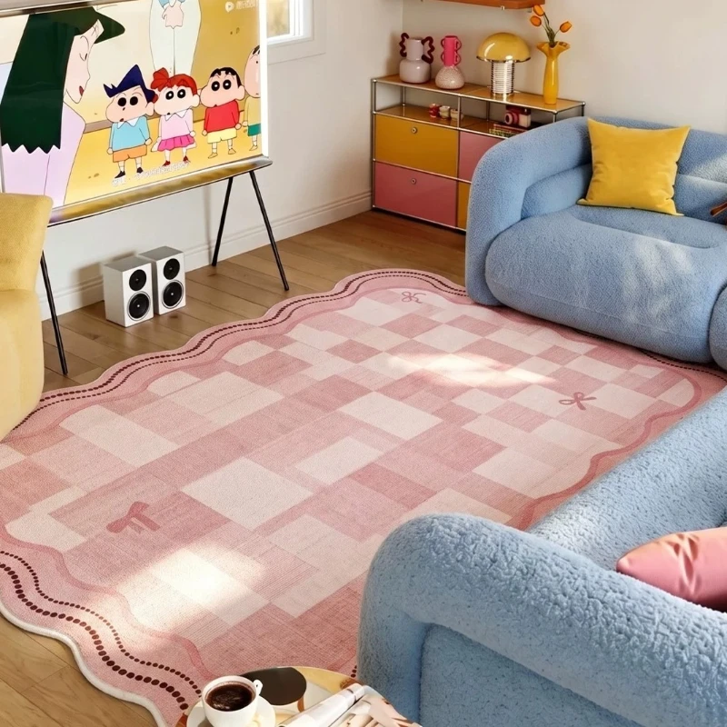 Pink Abstract Art Carpets for Living Room Dopamine Color Bedroom Decor Carpet Irregular Shape Grid Plush Rug Home Soft Floor Mat