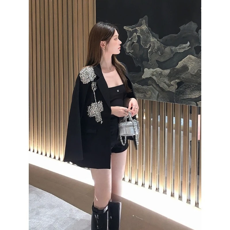 Light Luxury Black Nail Diamond Flower Loose Blazer Celebrity Sequined Foreign Style Ol Party Suit Temperament Commuting Blazers