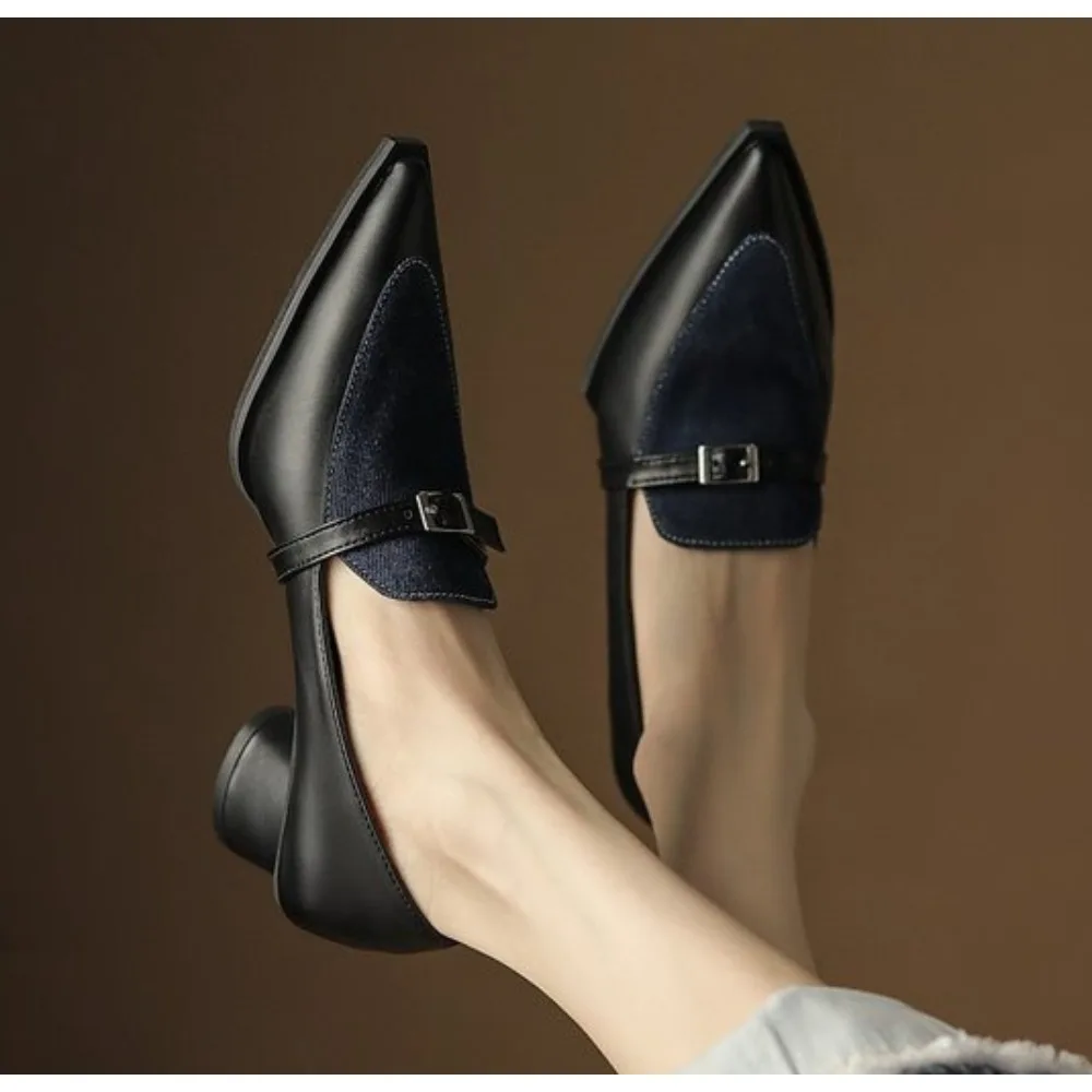 

New Fashionable High Heel Pumps Comfortable Wear-resistant Belt Buckle Thick Heel Medium Pointed Matching Women's Single Shoes