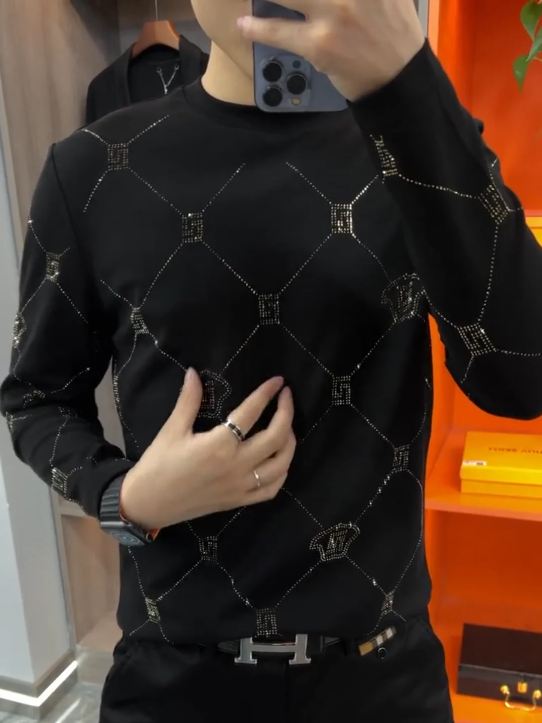 

Мужская модная толстовка с круглым вырезом, удобная, роскошная, украшенная стразами, осенне-зимняя новинка, молодежный тренд