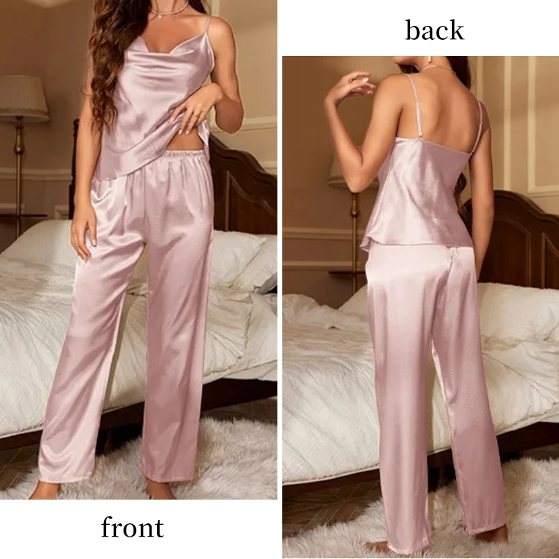 Women\'s Sexy Soft Silk Pajama Set Deep Neckline Vest and Straight Leg Pants High Quality Satin Sleepwear Set