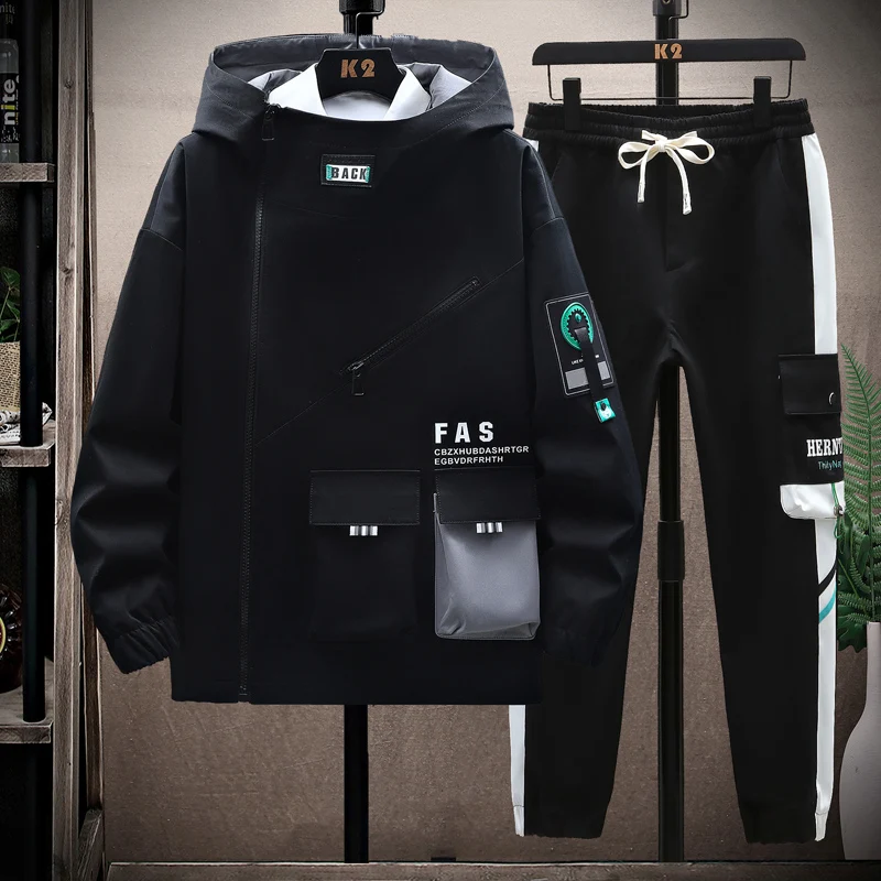 Veste à capuche et pantalon patchwork pour hommes, survêtement décontracté, Hip Hop, course à pied, sports trempés, printemps, automne, ensembles de