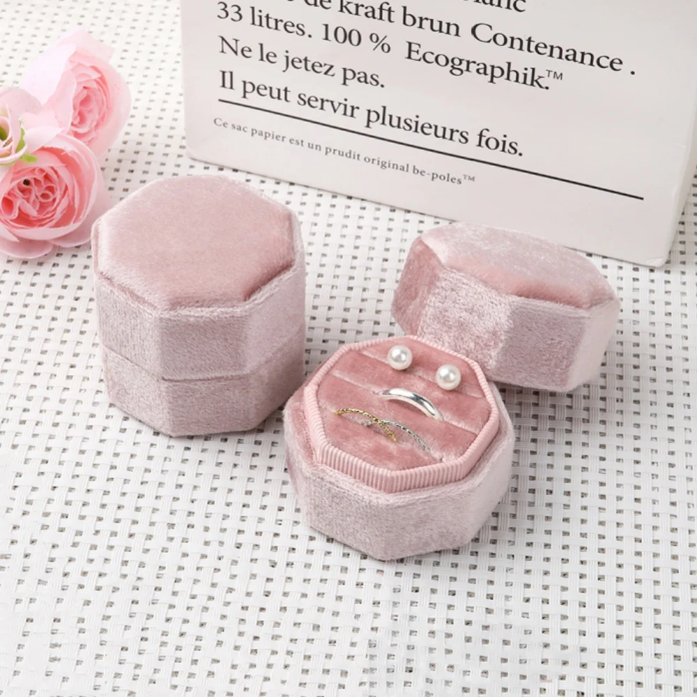 

Vintage Octagonal Triple Slot Ring Box With Detachable Lid Earrings Proposal Wedding Ring Storage Gift Box Velvet Jewelry Box