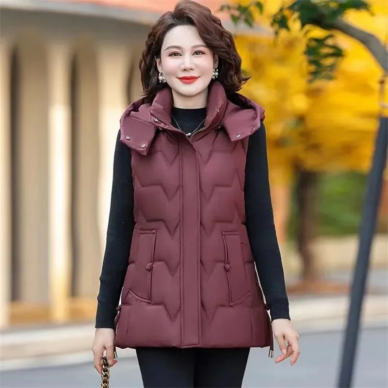 

Женский жилет на осень и зиму, теплые пуховые хлопковые жилеты, плотный съемный жилет с капюшоном, Элегантная куртка без рукавов, жилет, пальто для женщин 7XL