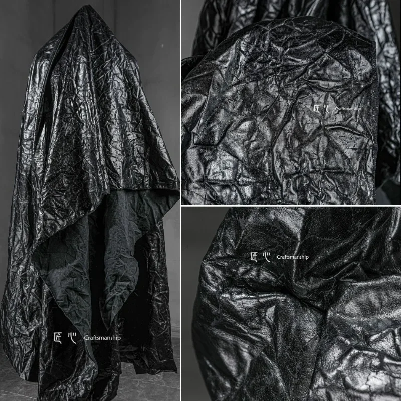 Black Rock Flocked Leather Reconstruction Pleated Composite Leather Jacket and Skirt Creative Clothing Designer Fabric