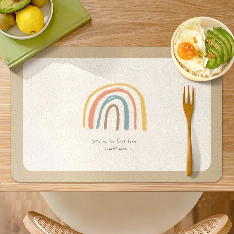 Cute Hand-Painted Leather Placemat Simple PU Table Mat Waterproof Oilproof Heat Insulation Cup Bowl Mat Cozy Dinning Table Decor