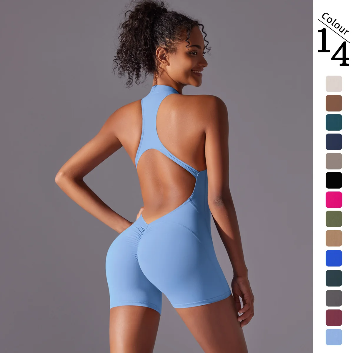

Sexy Hollow Backless Scrunch Butt Sport Jumpsuit Short Woman One Piece Gym Outfit Sleeveless Zipper Fitness Overalls Yoga Romper