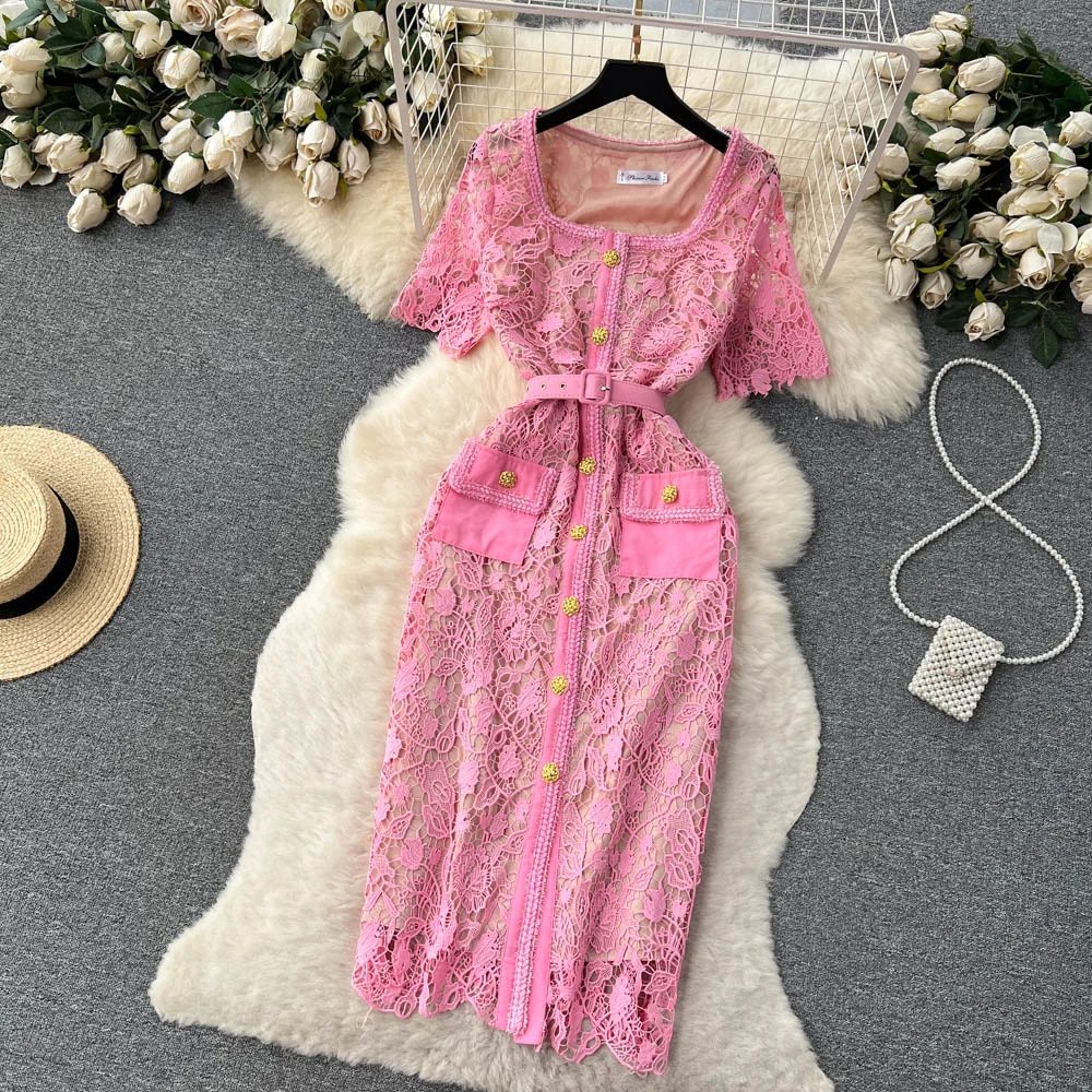 2023 Summer Lace Dresses For Women Fashion Short Sleeve Gold Buttons Pink Lace Pocket Belt Sexy Bodycon Midi Long Evening Outfit