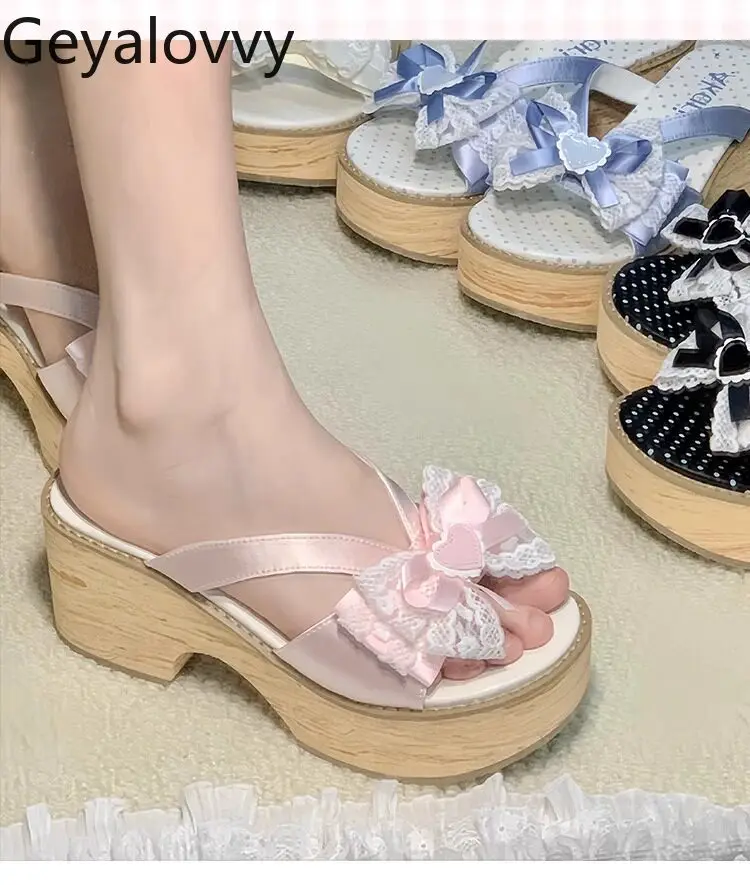 

Bowknot Wood Grain Platform Chunky Heel Japanese Style Clogs Shoes 2026 New Sweet Versatile Women's Cosplay Everyday Slippers