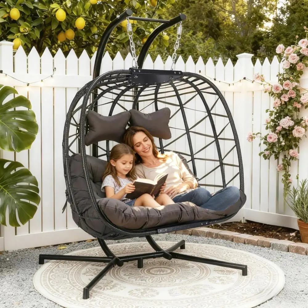 

Oversized Double Hanging Egg Chair Outdoor, 700Lbs Capacity, Wicker Loveseat with Cushion for Patio or Balcony, Gray