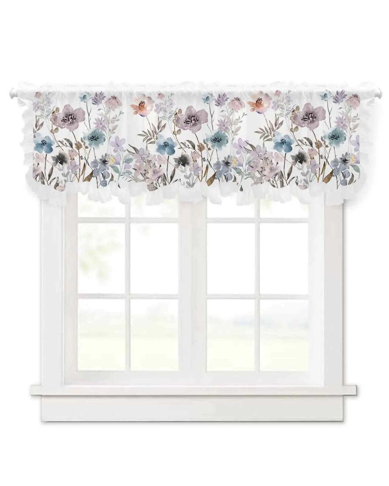 Watercolor Flowers Plants Short Tulle Half Curtains for Living Room Kitchen Door Cafe Window Sheer Valance Drapes