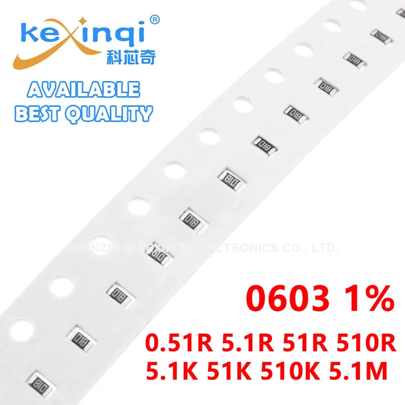 

100 шт./лот SMD 0603 резистор 1% 1/10 Вт Сопротивление 0R Ом 0.51R 5.1R 51R 510R 5,1 K 51K 510K 5,1 M