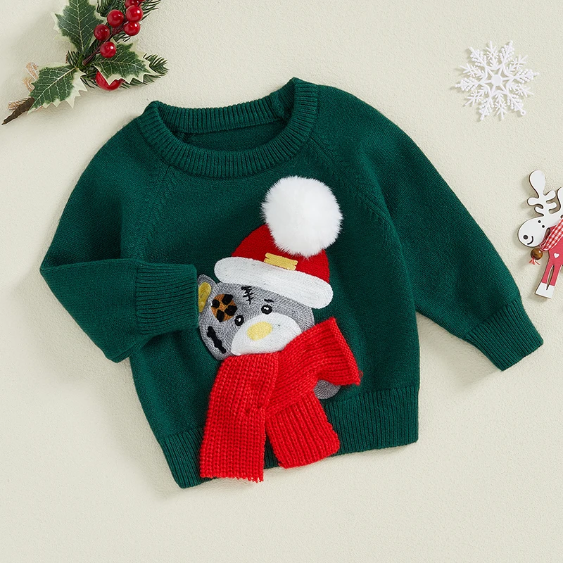 6 Months to 3 Years Baby Boy Girl Sweater Christmas Bear Embroidery Crew Neck Long Sleeve Pullover Knit Tops for Winter Fall