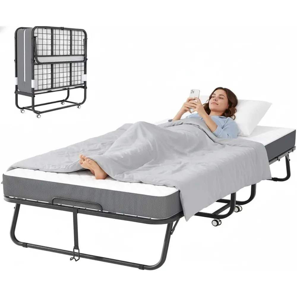 Old Twin Size Rollaway Bed or Adults, Sturdy Metal Foldable Bed on Wheels, Portable Space-Saving Bed for Home & Office, 75 x 38