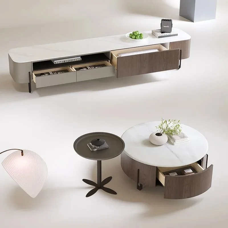 Juego de mesa de centro redonda con tapa de mármol y madera de lujo moderna, sofá para sala de estar con cajones, diseño de muebles multifuncionales