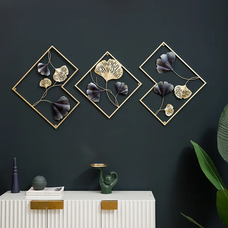 

New Chinese ginkgo biloba wrought iron metal wall hanging painting three-dimensional triptych combination wall hanging cross