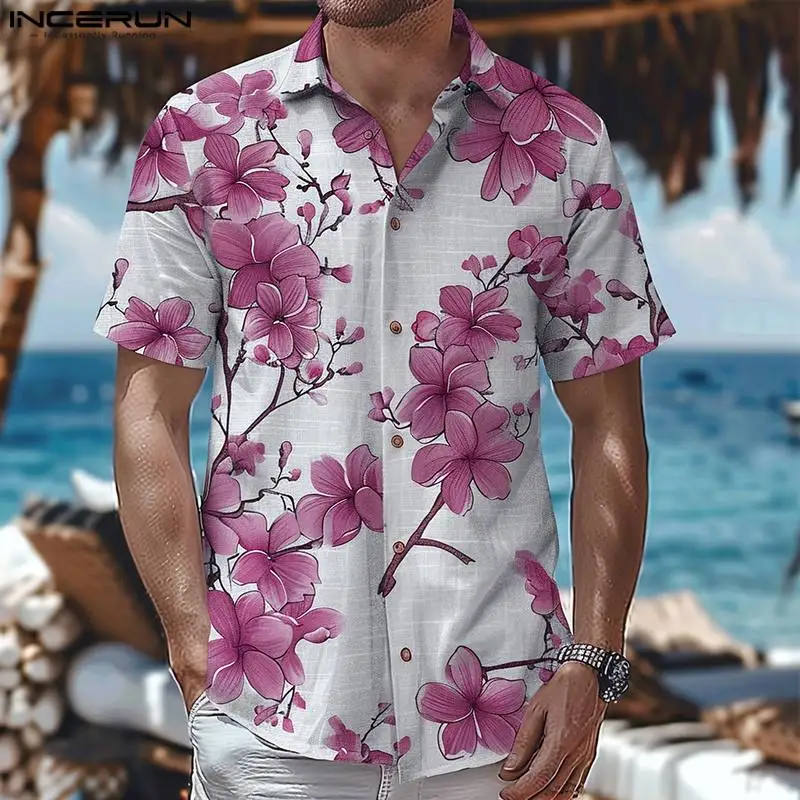 

INCERUN Men Shirts Flower Printing Lapel Short Sleeve Loose Men Clothing Streetwear Summer 2024 Vacation Casual Shirts S-5XL