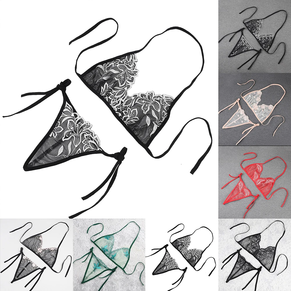 Sexy Lingerie Womens Bikini Bra Set Embroidered Flower 3 Point Transparent Mesh Lace Up Breathable Ultra-Thin Underwear