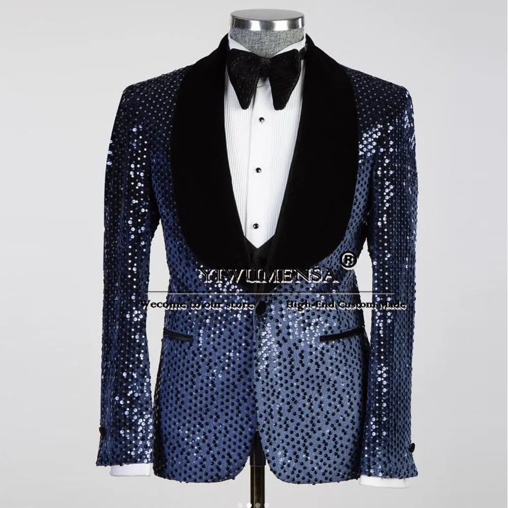 Elegant Groom Wear Wedding Suits Black Shawl Lapel Sequins Prom Blazer Custom Made Formal Men's Tuxedo Plus Size Male Clothing