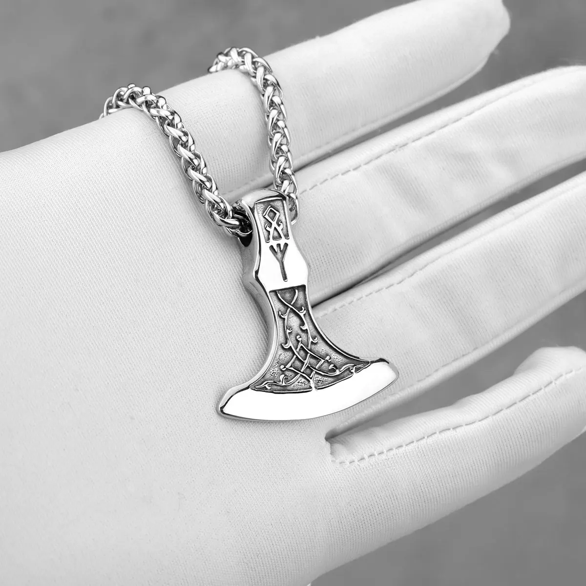 Stainless Steel Vikings Rune Axe Necklace Men\'s Nordic Fashion Thor\'s Hammer Pendant Necklace Punk Amulet Jewelry Wholesale Gift