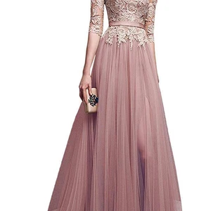 Azul marinho renda vestidos de noite longos elegante meia manga apliques tule formal festa baile vestido sem costas com cinto robe de soiree 10 principais vendas vestido longo de festa bordado - №7