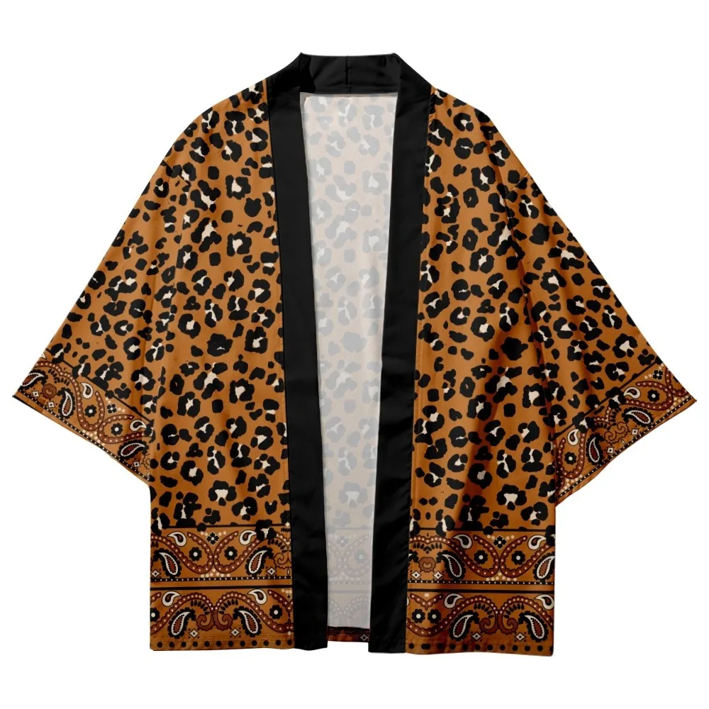 Leopard print yukata para homens e mulheres, quimono, cardigã, haori, asiático, praia, harajuku, japonês, cosplay