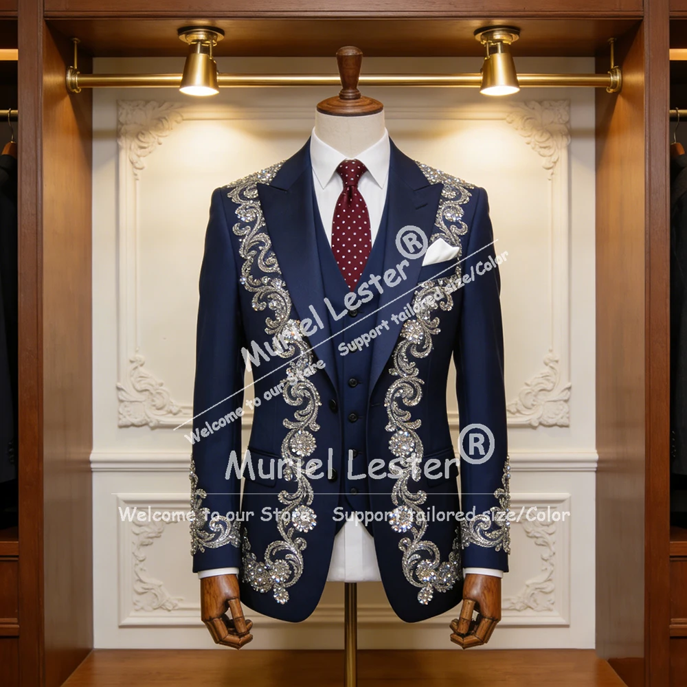 

Роскошный мужской костюм-тройка темно-синего цвета с кристаллами и бисером, однобортный пиджак, большие размеры, на заказ, для жениха, нарядный свадебный смокинг