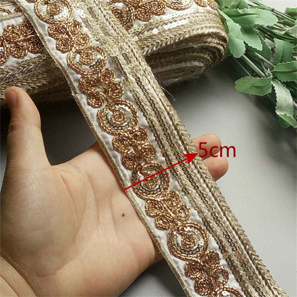 1 Yards White Black 50mm Ethnic Gold Thread Sequins Webbing Ribbon Tape Shoes Dress Embroidered Lace Trims DIY Sewing Accessorie
