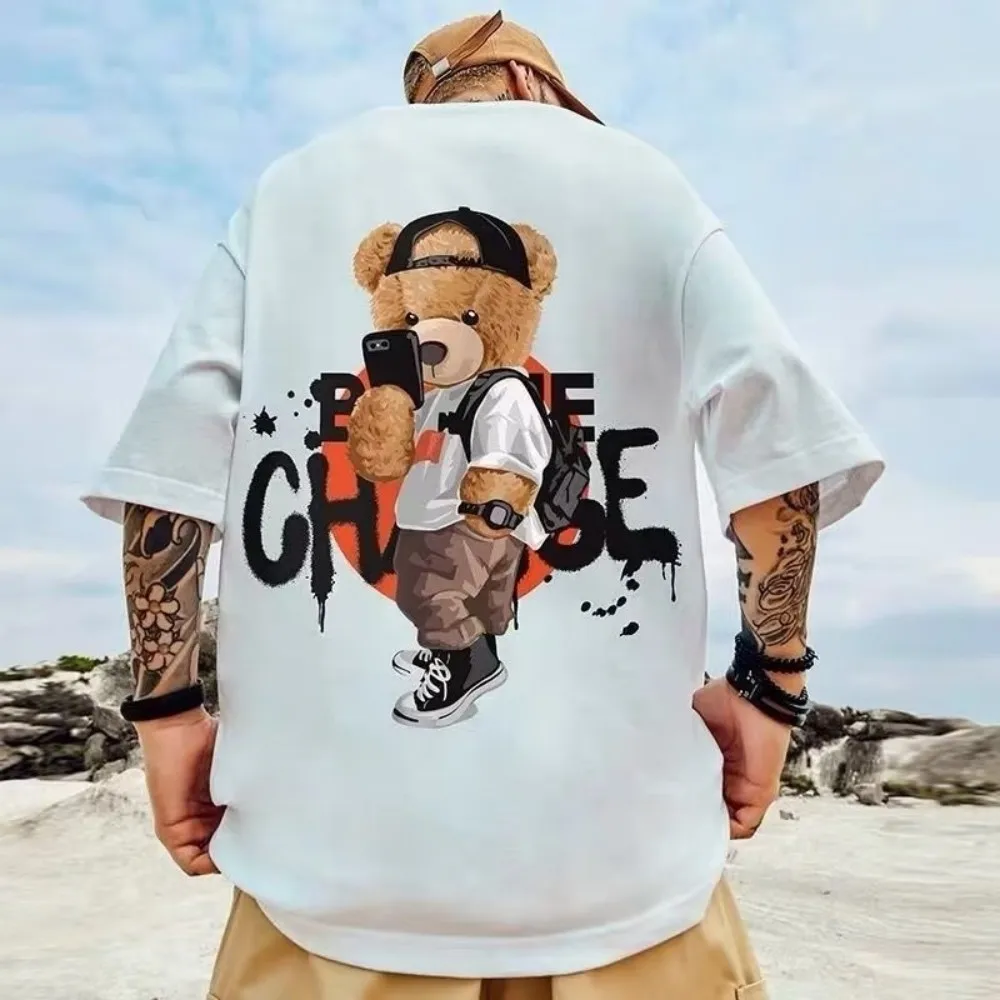 Summer Men's New Personalized Bear Printed Micro Elastic Breathable Round Neck T-shirt Outdoor Street Versatile Top