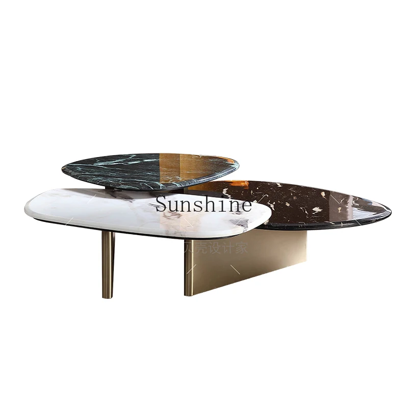 High-grade special-shaped marble coffee table color matching stainless steel high and low coffee table combination