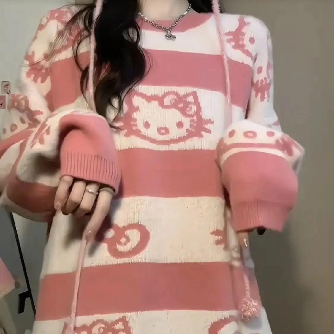 Sanurgente Hello Kitty-Pull en tricot de style coréen pour femmes, pull mignon, vêtements de mode Y2K, rose, automne, hiver, nouveau