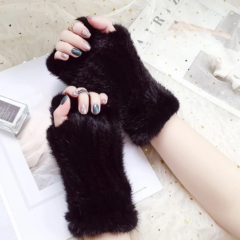 Real Mink Fur Gloves Winter Women's Half Finger Fur Gloves Thickened Handmade Knit Mink Fur Gloves ladyOutdoor Warm Fur Gloves