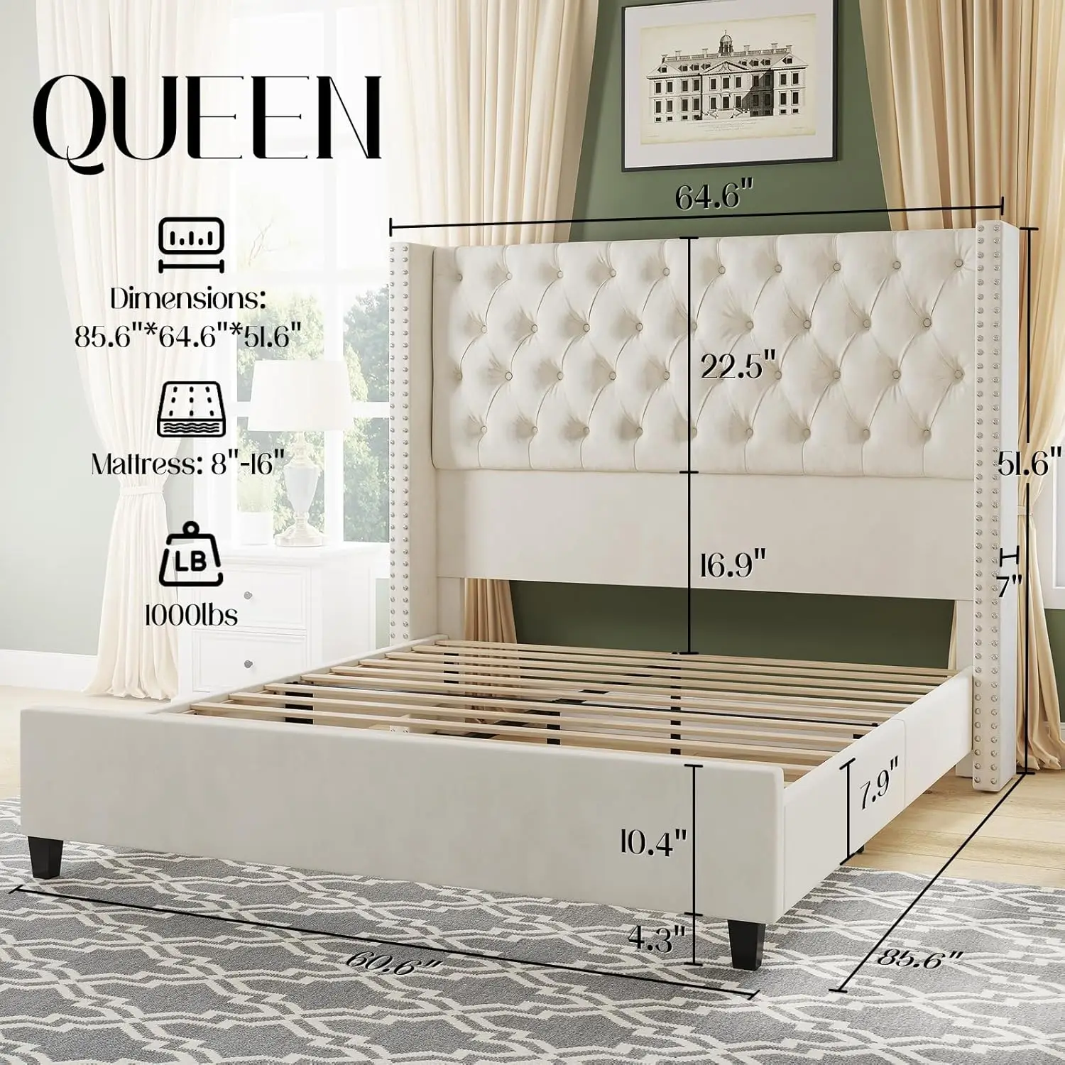 Queen Upholstered Bed Frame with Tall Headboard Wingback Platform Bed Tufted Deep Button Velvet/No Box Spring Needed/Easy