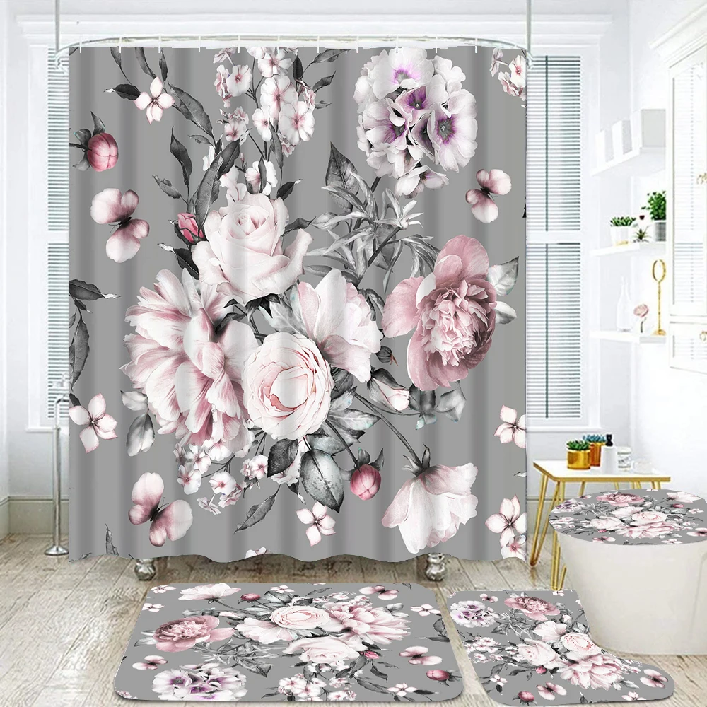 Flowers Bathroom Shower Curtain Set Waterproof Polyester Flower Bath Curtains Non-Slip Bath Mat Rugs Carpet Toilet Cover Decor